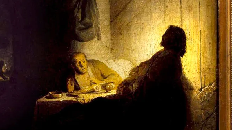 extrait du tableau de Rembrandt (1606-1669) "Les pèlerins d’Emmaüs.", musée Jacquemart-André, Paris.