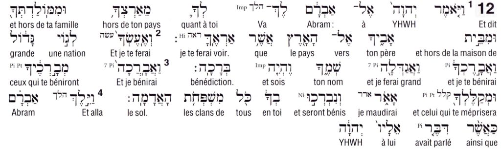 Texte interlinéaire hébreu français de Genèse 12:1-4 ©Alliance Biblique universelle