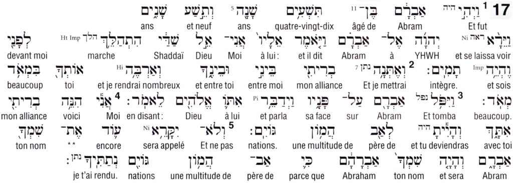 Texte interlinéaire hébreu français de Genèse 17:1-5 ©Alliance Biblique universelle