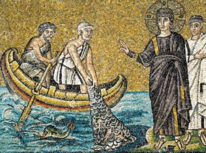 Mosaïque de Ravenne (VIe siècle) représentant Jésus appelant Pierre et André - visitez https://www.ravennamosaici.it/