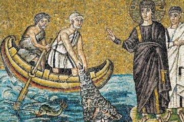 Mosaïque de Ravenne (VIe siècle) représentant Jésus appelant Pierre et André - visitez https://www.ravennamosaici.it/