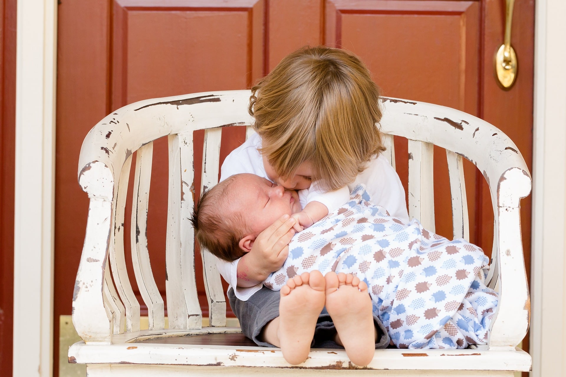 Un enfant tout jeune tient son petit frère dans ses bras et l'embrasse - Image par 460273 de https://pixabay.com/fr/photos/fr%C3%A8res-gar%C3%A7ons-affection-enfants-457234/