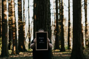 Un homme se cache derrière un texte "Paix, restez tranquilles" - Photo de Priscilla Du Preez 🇨🇦 sur https://unsplash.com/fr/photos/cadre-en-bois-noir-sur-tronc-darbre-brun-sIWXJRsmxog