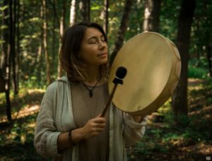 Une femme tape doucement sur un tambourin dans la forêt - Photo de petr sidorov sur https://unsplash.com/fr/photos/femme-en-pull-gris-tenant-un-chapeau-rond-marron-ZOxkaXFvw6A