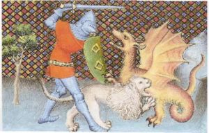 Yvain combattant un dragon - MSS BNF fr. 112, 113-116, Arthurian romances made for Jacques d'Armagnac (1433–1477)