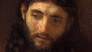 extrait d'un tableau de Rembrandt représentant le visage de Jésus d'après un modèle vivant.