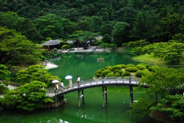 Jardin japonais avec des personnes qui passent sur une passerelle au dessus d