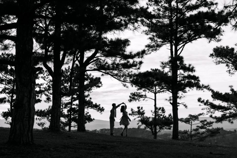 Un couple danse sous des grands pins, illustrant l'amour et le souffle de l'Esprit - Image par Hoàng Đông Trịnh Lê de https://pixabay.com/fr/photos/amour-nature-romance-coupler-6706324/