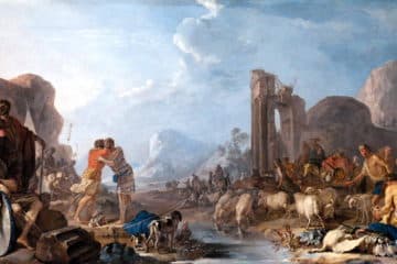 La réconciliation de Jacob et Ésaü, par Johann Heinrich Schönfeld ,1640 (Kunsthistorisches Museum) Wikicommons