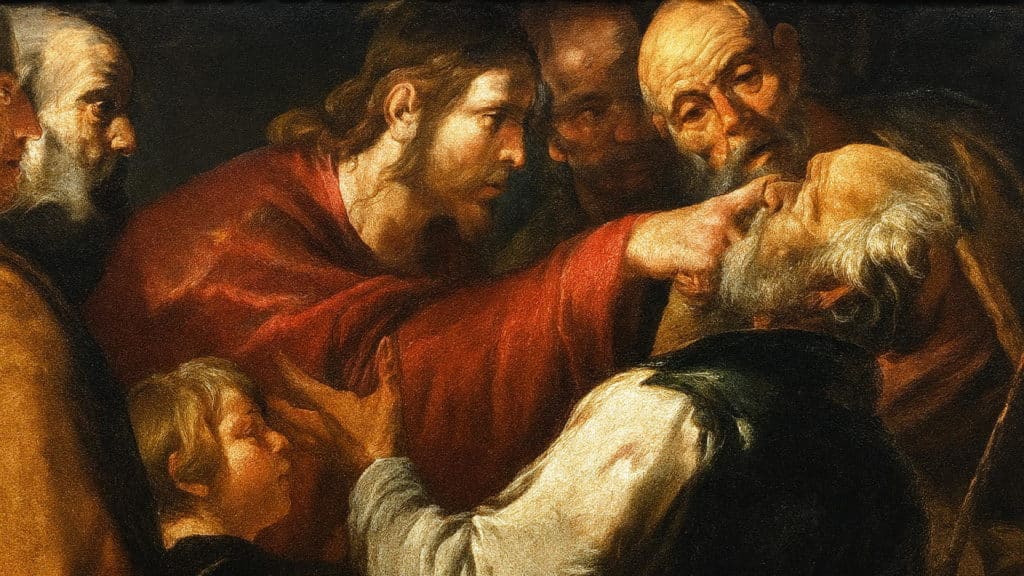 détail de la peinture de Gioacchino Assereto repésentant Jésus mettant de la boue sur les yeux de l'aveugle avec son doigt - 1640 - Carnegie Museum