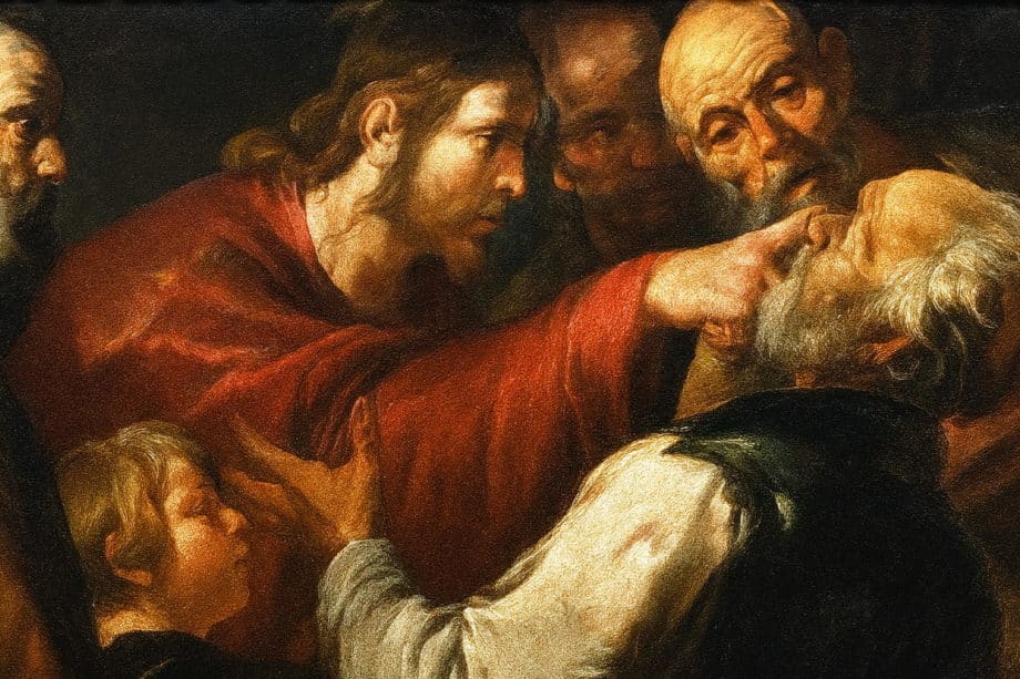 détail de la peinture de Gioacchino Assereto repésentant Jésus mettant de la boue sur les yeux de l'aveugle avec son doigt - 1640 - Carnegie Museum