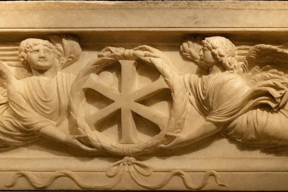 Sarcophage paléochrétien du IIe siècle trouvé à Constantinople portant le monogramme IX de Jésus-Christ - photo retouchée à partir de https://commons.wikimedia.org/wiki/File:Contantinople_Christian_sarcophagus_circa_400.jpg - licensed under the Creative Commons Attribution-Share Alike 3.0 Unported license.