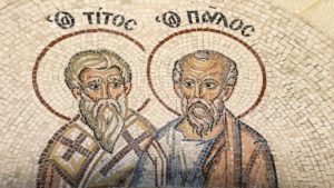 mosaïque avec Tite et Paul (Archaeological Site of Gortyna, Γόρτυς, Agioi Deka, Grèce)- Photo de Jametlene Reskp sur https://unsplash.com/fr/photos/une-mosaique-represente-titus-et-paul-Rpz6opgevmk