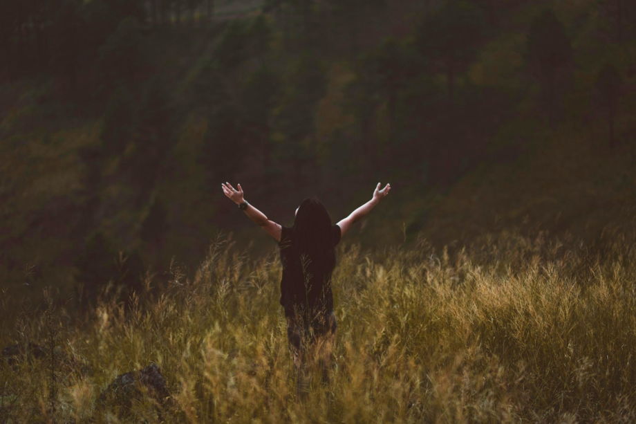 Une jeune femme lève les bras en signe d'ouverture et de joie, elle est dans de l'herbe éclairée de soleil face à un pan de montagne couverte de sapin - Photo de Hanny Naibaho un petit peu éclaircie, partant de https://unsplash.com/fr/photos/homme-levant-les-bras-entre-greenfield-djLvhqqzesU