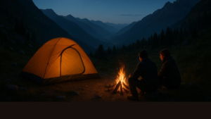un bivouac en montagne, la nuit avec une belle vue, une petite tente est plantée et un petit feu de camp brûle joyeusement. Deux personnes sont assises et se réchauffe près de ce feu - image créée par ChatGPT