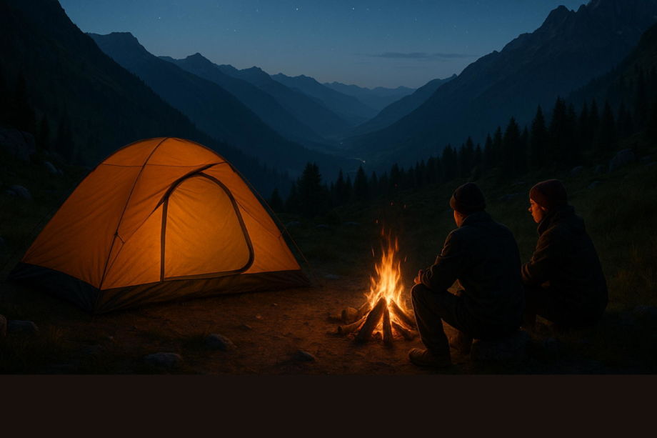 un bivouac en montagne, la nuit avec une belle vue, une petite tente est plantée et un petit feu de camp brûle joyeusement. Deux personnes sont assises et se réchauffe près de ce feu - image créée par ChatGPT