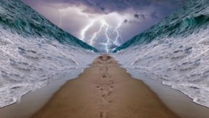 Un photomontage avec comme les trace des hébreux à travers la mar - Image by Iforce from https://pixabay.com/photos/sea-ocean-art-exodus-split-water-4452455/