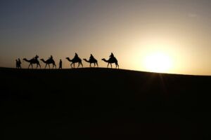Une caravane de chameaux au coucher du soleil - Photo de Inbal Malca sur https://unsplash.com/fr/photos/silhouette-de-personnes-chevauchant-des-chameaux-NhlKx6Uvm3E