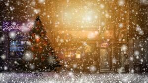 Une ville décorée pour Noël avec sapin et lumière, et la neige qui tombe - Image par Gerd Altmann de https://pixabay.com/fr/photos/hiver-neige-ville-sapin-de-no%c3%abl-3758369/