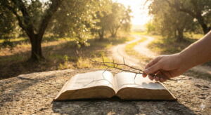Une image réaliste générée par Gemini représentant une vieille Bible dans une oliveraie au coucher du soleil avec une main qui retire des épines.