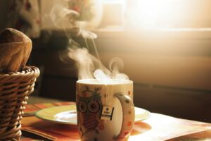 Une tasse de thé fumant dans la lumière de l'aube - Photo de Julian Hochgesang sur https://unsplash.com/fr/photos/mug-vert-et-blanc-pgVvMfsv8EM