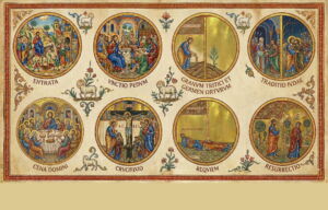 Tableau avec une vignette ronde pour chaque jour de la semaine sainte - généré par Gemini