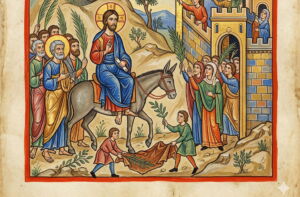 Illustration dns le style enluminure de l'entrée de Jésus à Jérusalem - Gémini