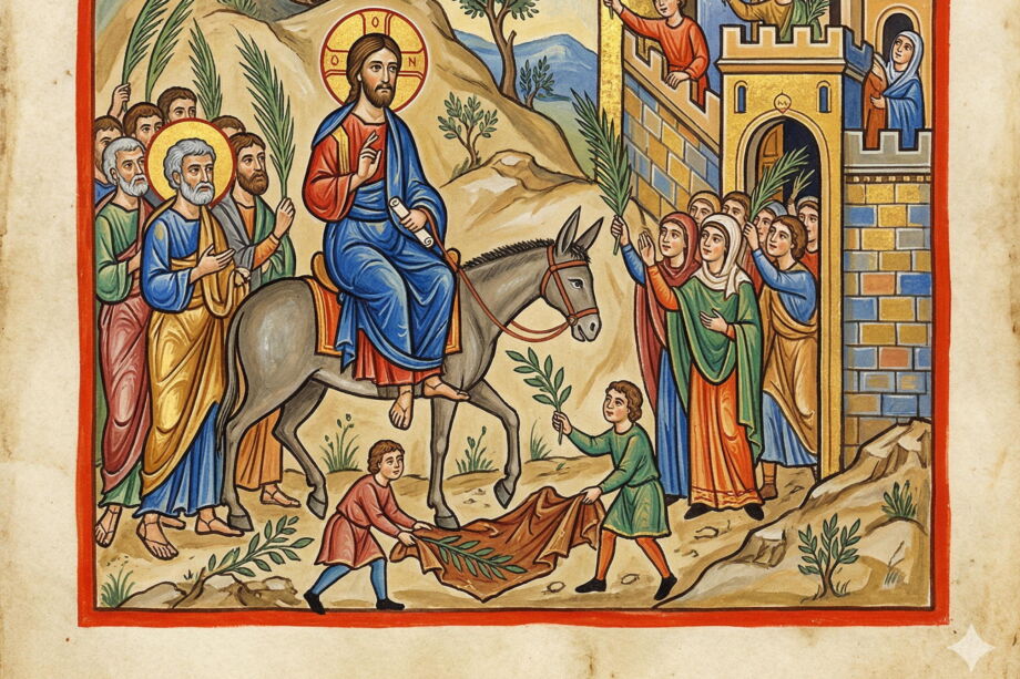 Illustration dns le style enluminure de l'entrée de Jésus à Jérusalem - Gémini