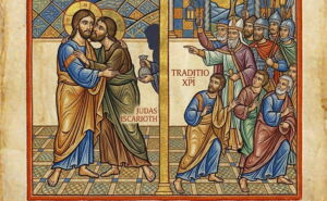 Illustration de l'épisode de la trahison de Jésus par Judas dans le style d'une enluminure - Gémini