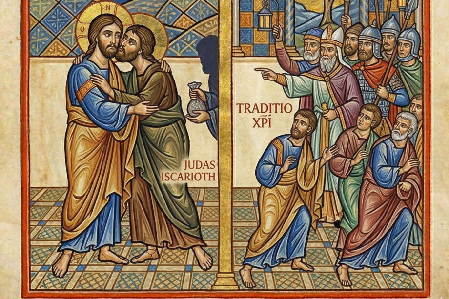 Illustration de l'épisode de la trahison de Jésus par Judas dans le style d'une enluminure - Gémini