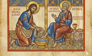 Illustration de l'épisode du lavage des pieds par Jésus dans le style d'une enluminure - Gémini
