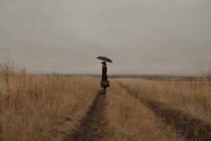 Une femme seule dans un champ par temps gris, portant un parapluie et un cartable de cadre d'entreprise - Image by Sunrise from https://pixabay.com/photos/woman-mysterious-field-road-meadow-5718089/