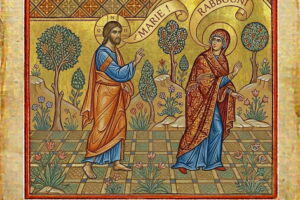 Illustration dan sle style des enluminures de la renctre entre le christ et marie-madeleine