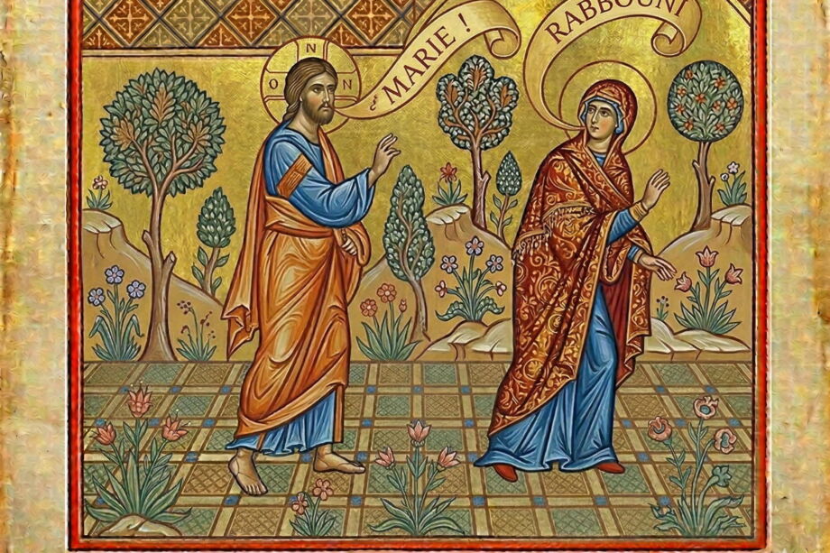 Illustration dan sle style des enluminures de la renctre entre le christ et marie-madeleine