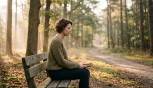 Une femme assise dans un banc en bordure d'un chemin forestier, en train de méditer, Bible en main - image générée par Gémini