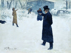 Duel entre Eugene Onegin et Vladimir Lensky (Ilia Répine (1844-1930), musée des Beaux-Arts Pouchkine).